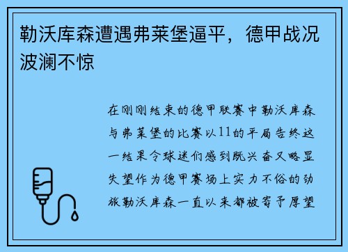 勒沃库森遭遇弗莱堡逼平，德甲战况波澜不惊
