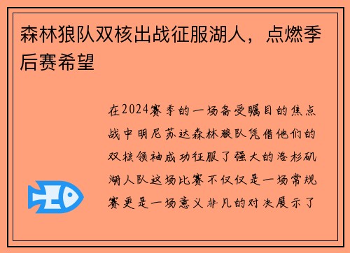 森林狼队双核出战征服湖人，点燃季后赛希望